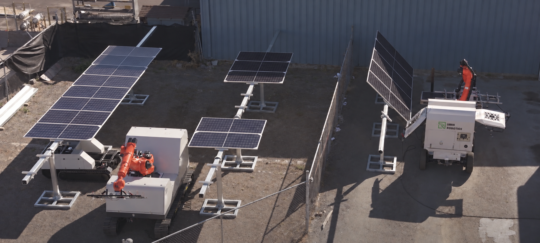 Aerial view of Libra’s different robotic systems working together around solar modules